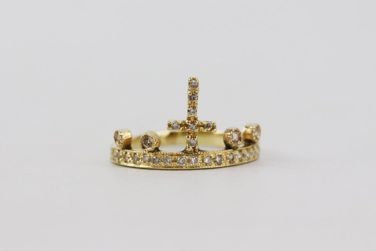 JACQUIE AICHE 14K YELLOW GOLD CROSS CROWN STACK RING 15 MM