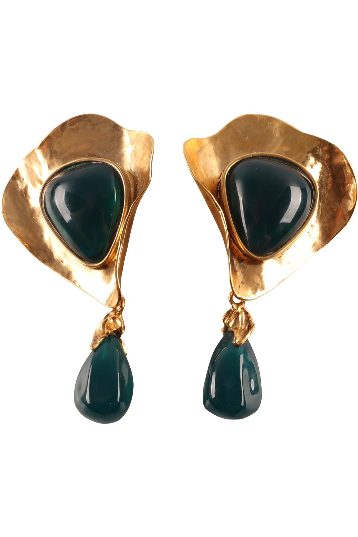 SAINT LAURENT GREEN GOLD TONE CLIP ON EARRINGS