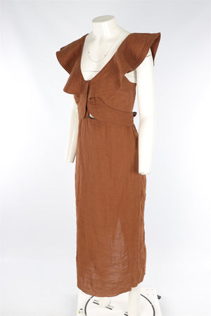 JOHANNA ORTIZ BROWN LINEN MAXI DRESS US 6 UK 10