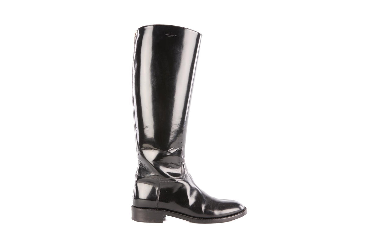 SAINT LAURENT BLACK PATENT LEATHER KNEE HIGH BOOTS EU 37 UK 4 US 7