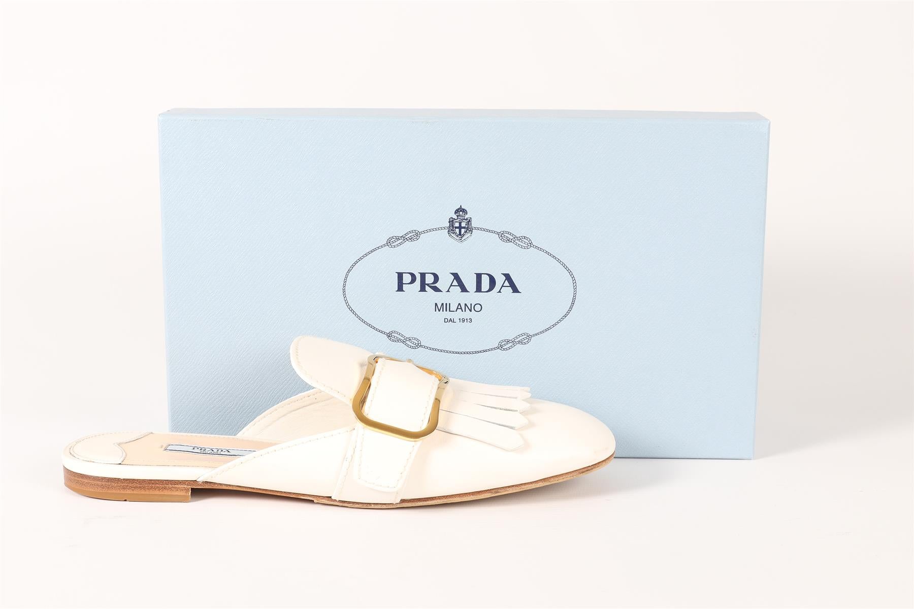 PRADA WHITE FRINGED LEATHER MULES EU 39.5 UK 6.5 US 9.5