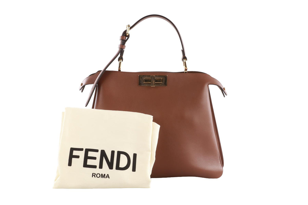 FENDI BROWN PEEKABOO SOFT MEDIUM LEATHER TOTE BAG