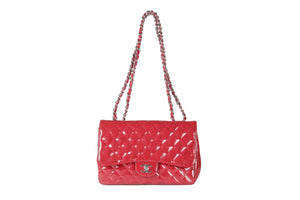 CHANEL RED 2010 CLASSIC JUMBO SINGLE FLAP PATENT LEATHER SHOULDER BAG