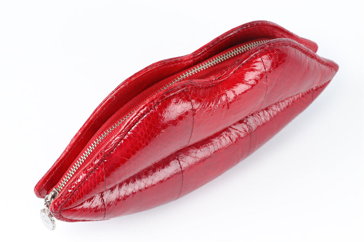LULU GUINNESS RED LIPS SNAKESKIN CLUTCH