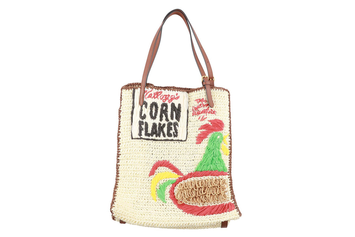 ANYA HINDMARCH CREAM CORN FLAKES RAFFIA TOTE BAG