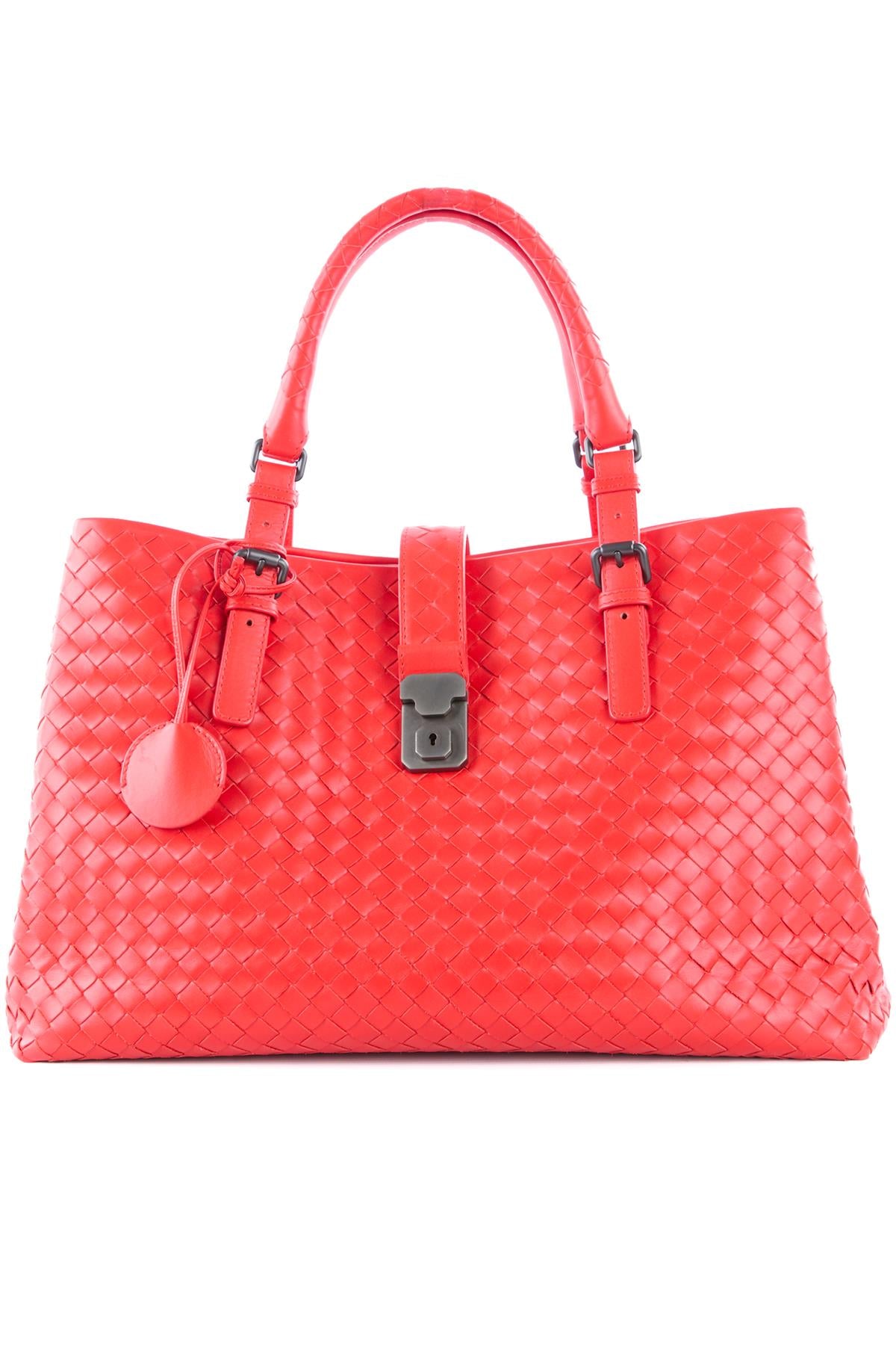 BOTTEGA VENETA RED ROMA LARGE INTRECCIATO LEATHER TOTE BAG