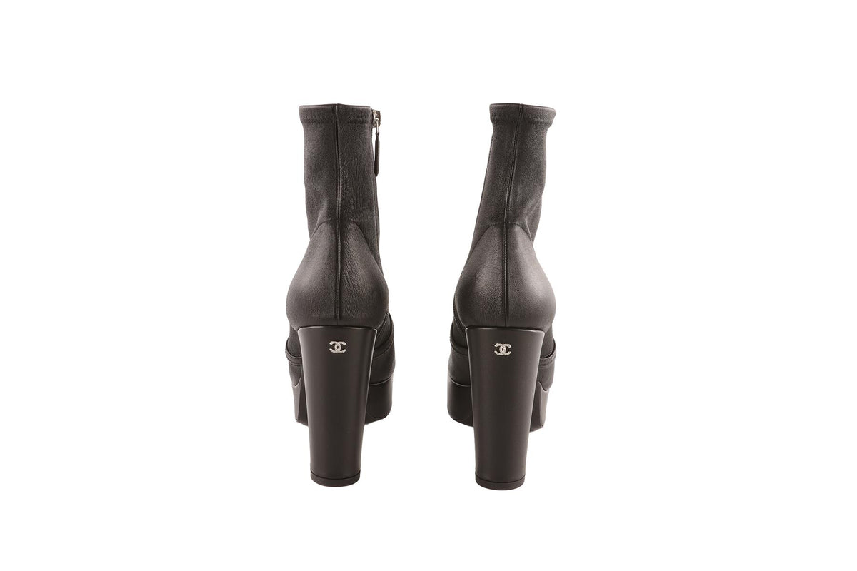 CHANEL BLACK 2024 LEATHER PLATFORM ANKLE BOOTS EU 40.5 UK 7.5 US 10.5