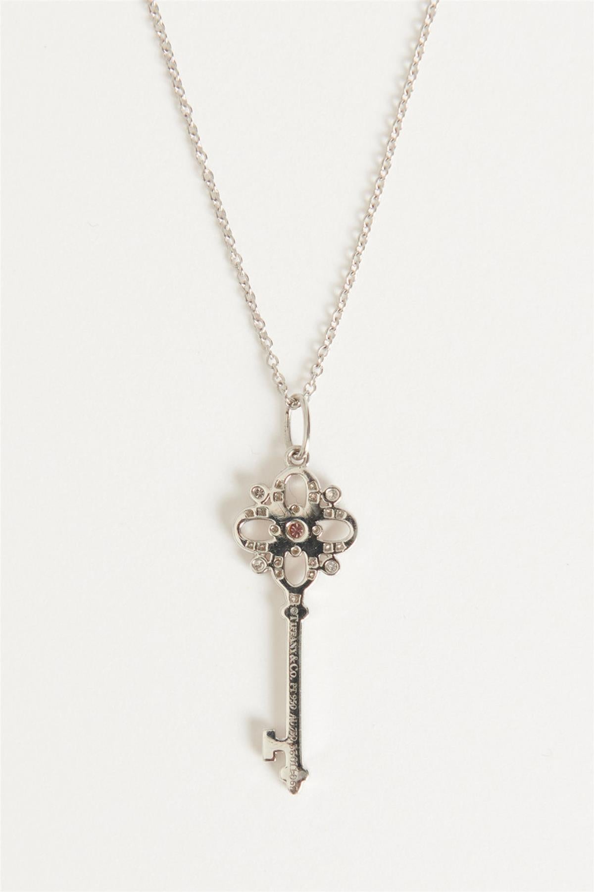 TIFFANY & CO. SILVER PLATINUM WHITE & PINK DIAMOND FLORET KEY NECKLACE