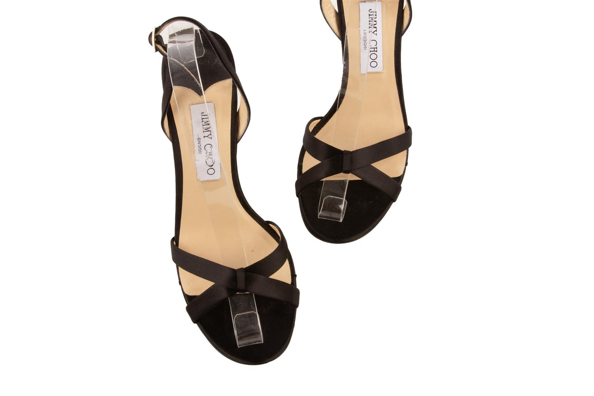 JIMMY CHOO BLACK SATIN SANDALS EU 40 UK 7 US 10