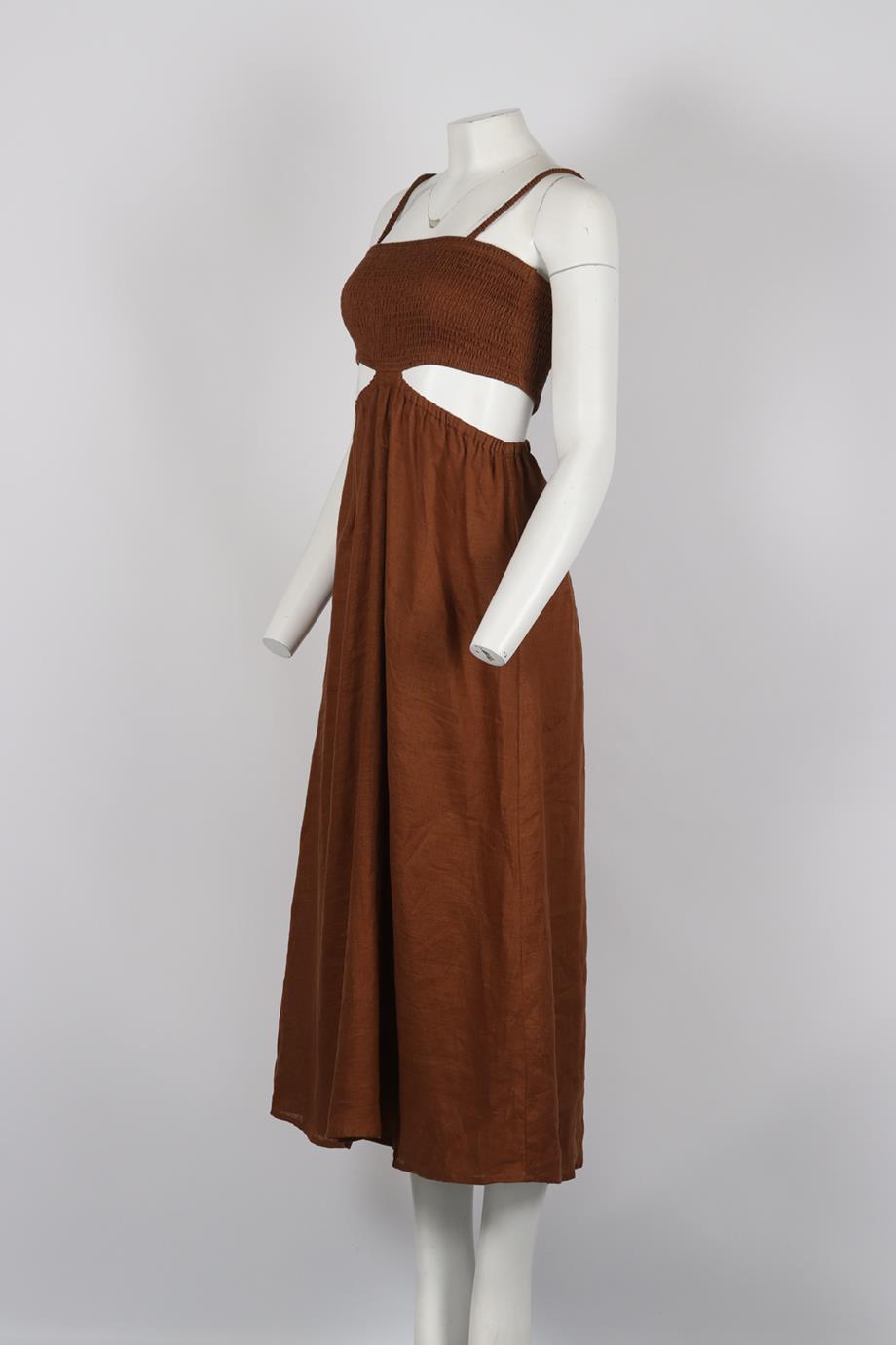 FAITHFUL THE BRAND SHIRRED CUTOUT LINEN MIDI DRESS XSMALL
