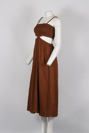 FAITHFUL THE BRAND SHIRRED CUTOUT LINEN MIDI DRESS XSMALL