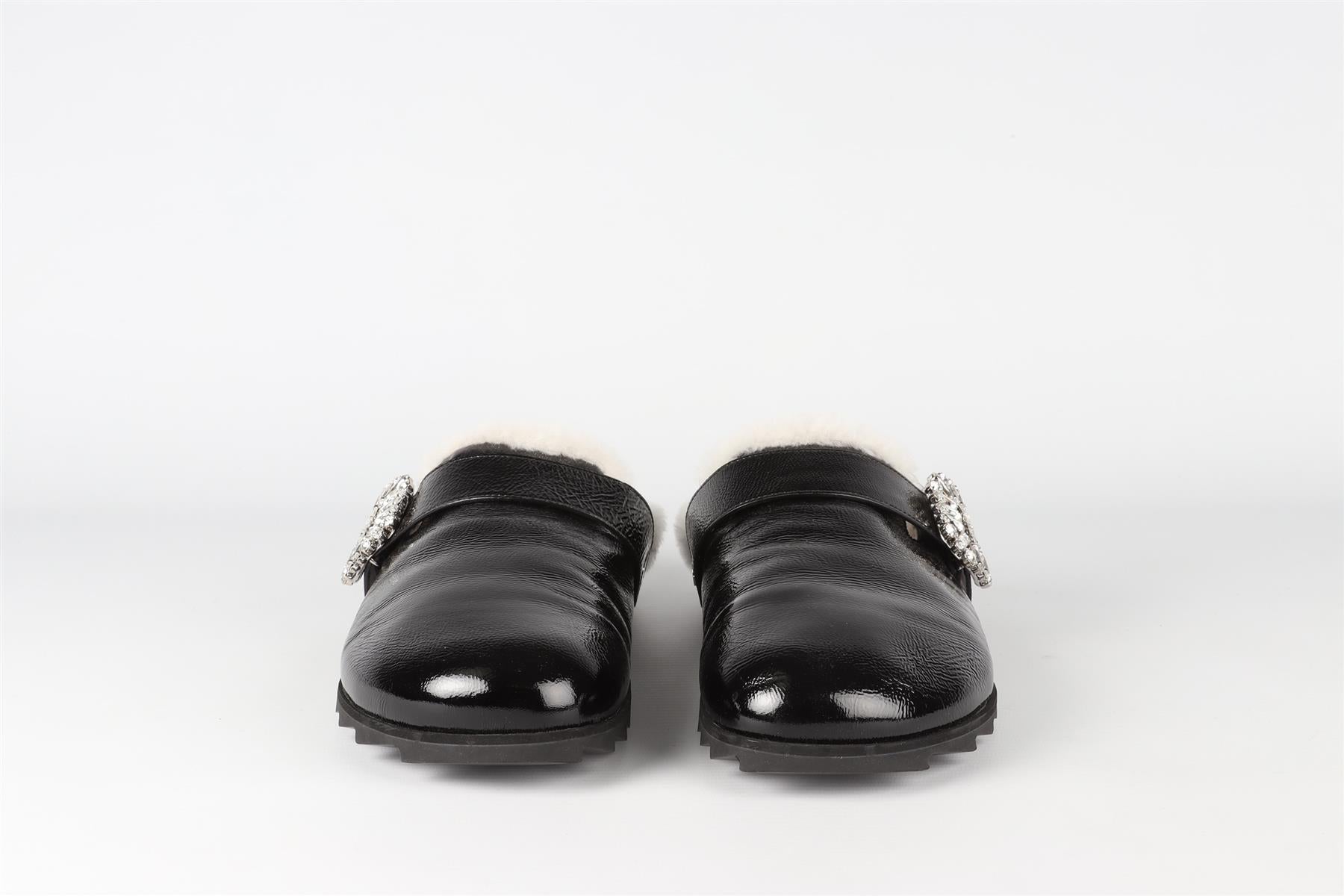 ROGER VIVIER BLACK CRYSTAL AND PATENT LEATHER SLIPPERS EU 40 UK 7 US 10