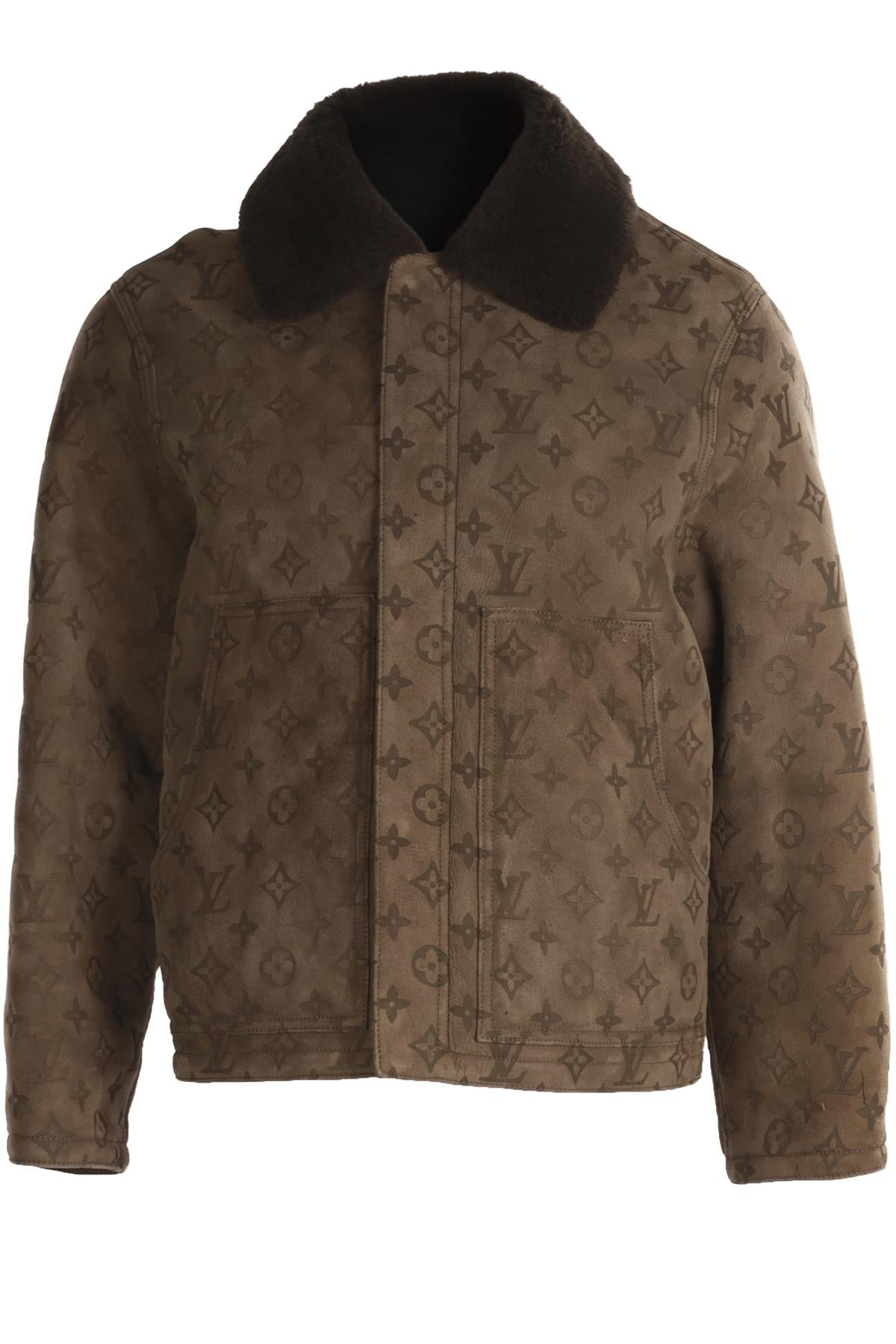 LOUIS VUITTON BROWN MEN'S 2022 MONOGRAM SUEDE AND SHEARLING JACKET FR 48 UK 38