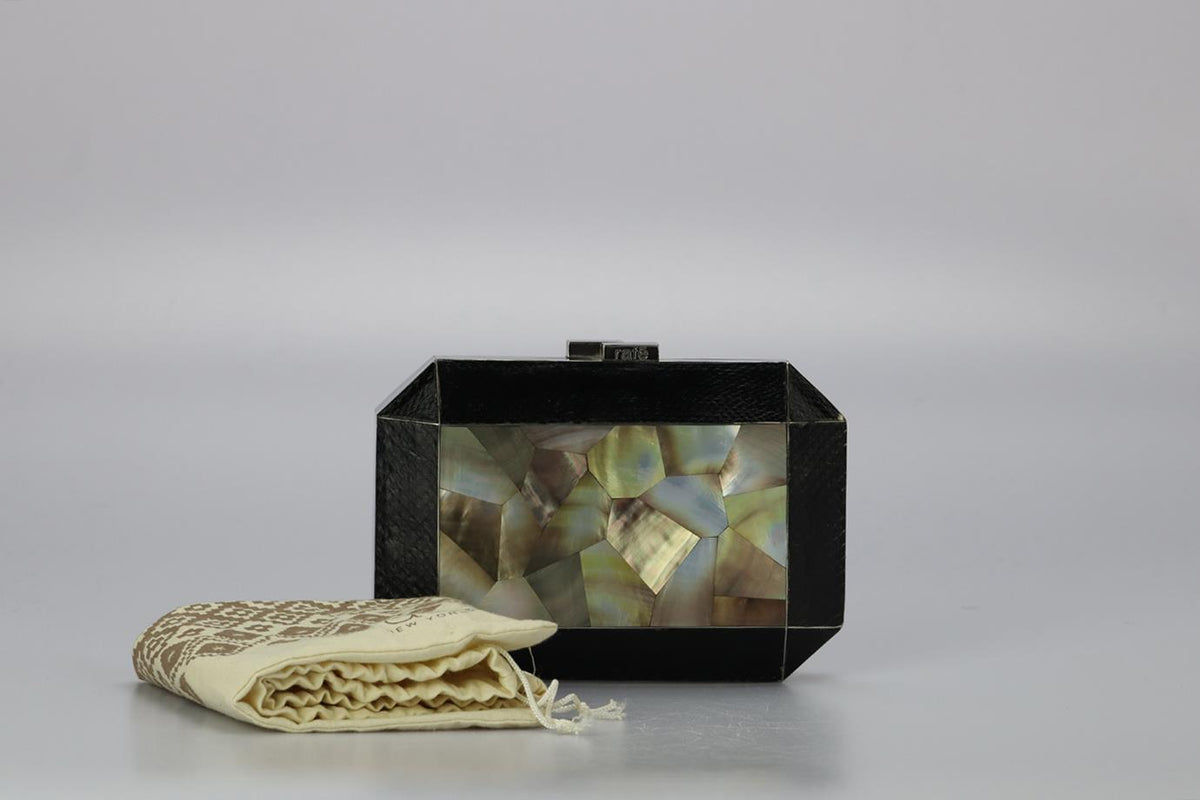 RAFÉ MOTHER OF PEARL AND SNAKE EFFECT LEATHER SILVER TONE CLUTCH