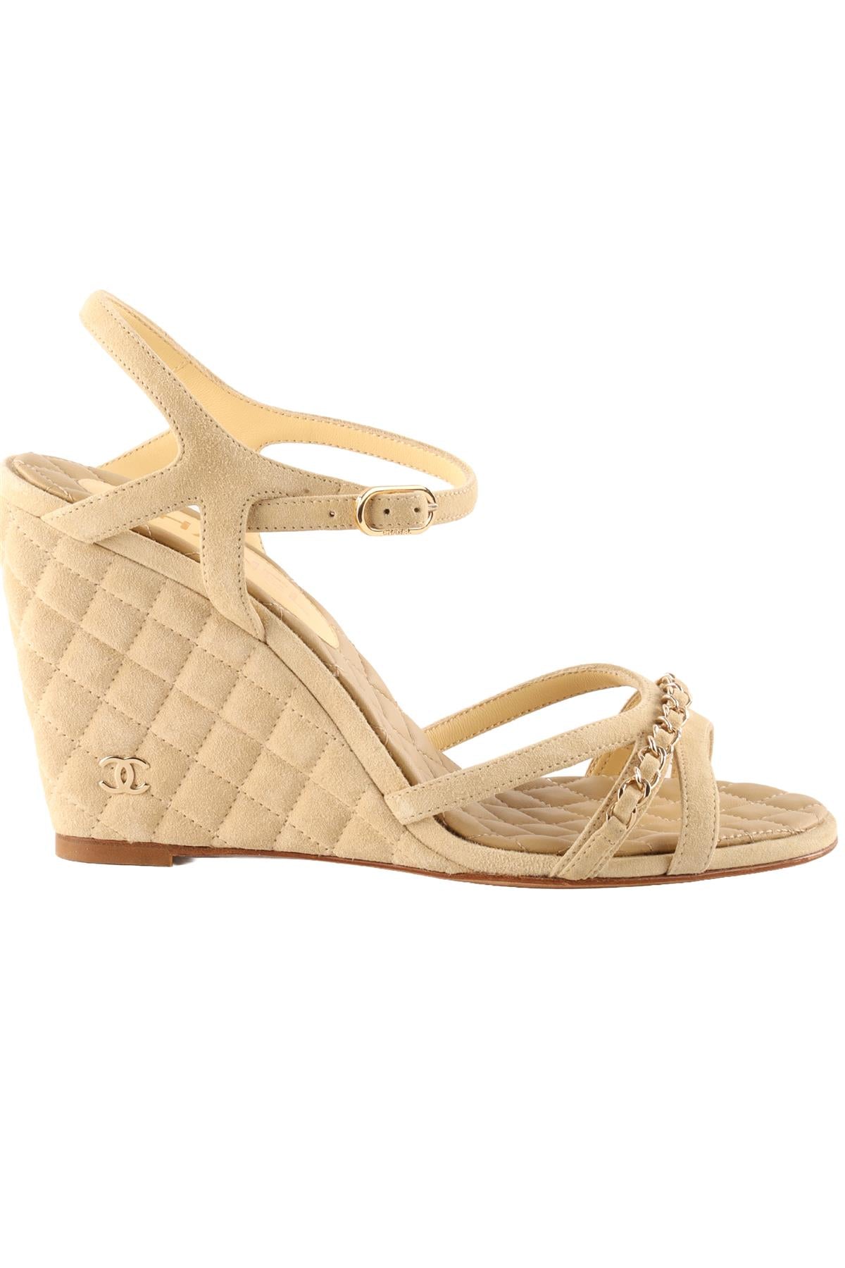 CHANEL BEIGE 2021 SUEDE WEDGE SANDALS EU 39 UK 6 US 9