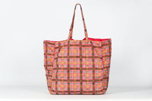 PRADA PINK AND TAN CHECKED NYLON TOTE BAG AND POUCH