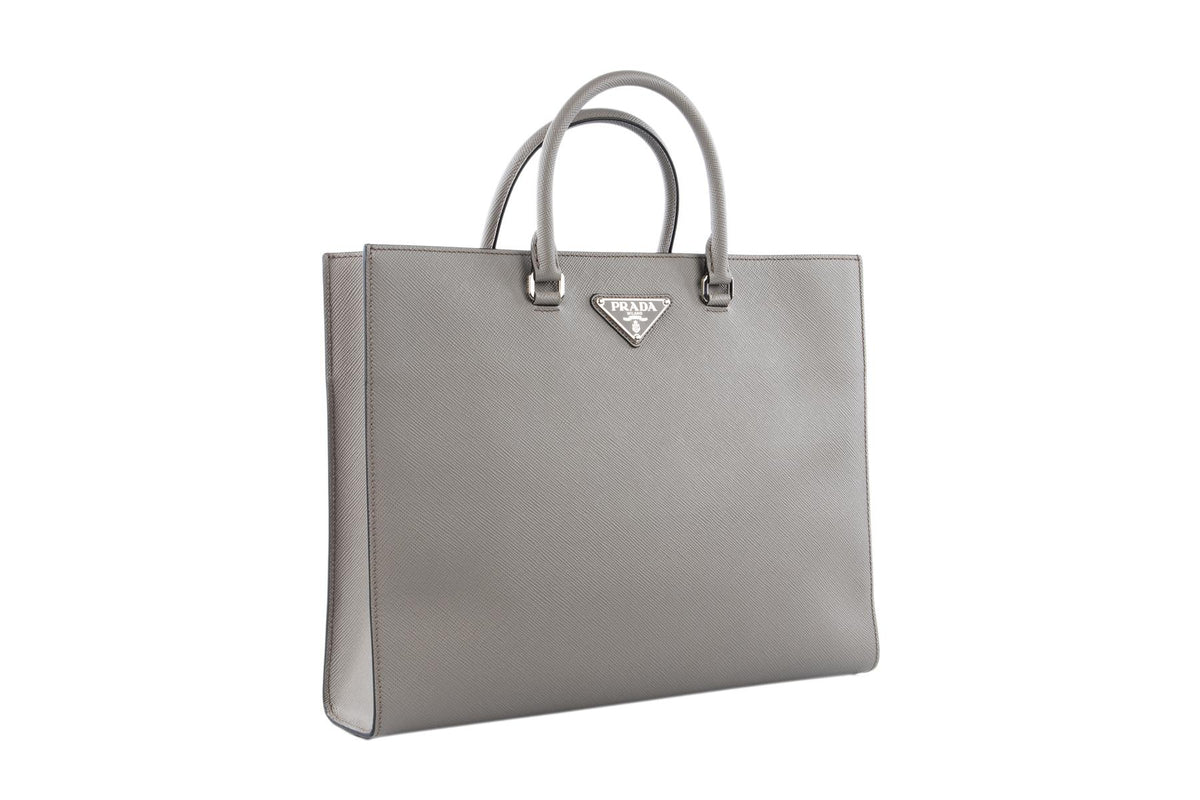 PRADA GREY SAFFIANO LEATHER TOTE BAG