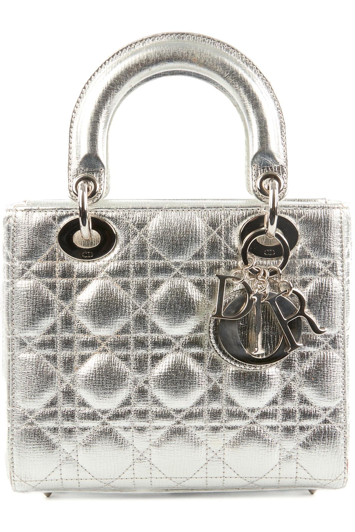 CHRISTIAN DIOR SILVER MY LADY DIOR LUCKY SMALL CANNAGE LEATHER TOTE BAG