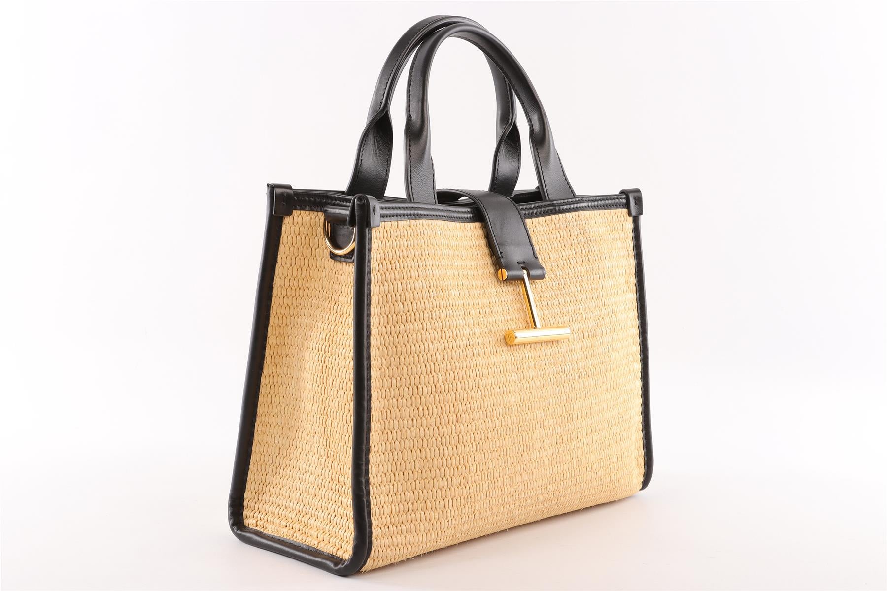 TOM FORD BEIGE TARA MEDIUM RAFFIA TOTE BAG