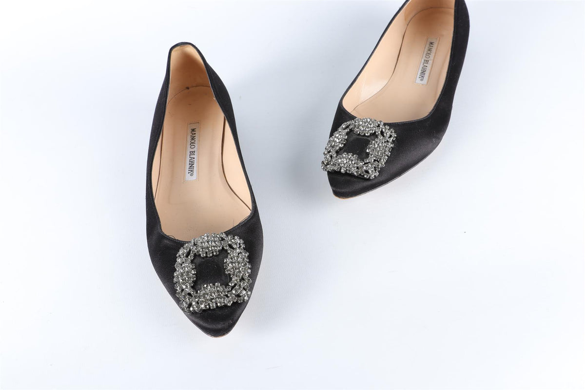 MANOLO BLAHNIK BLACK HANGISI CRYSTAL AND SATIN BALLET FLATS