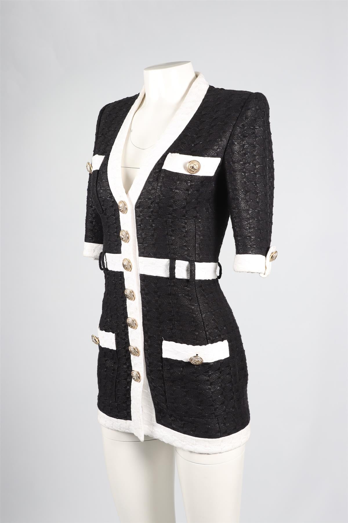 BALMAIN BLACK AND WHITE TWEED MINI DRESS SMALL