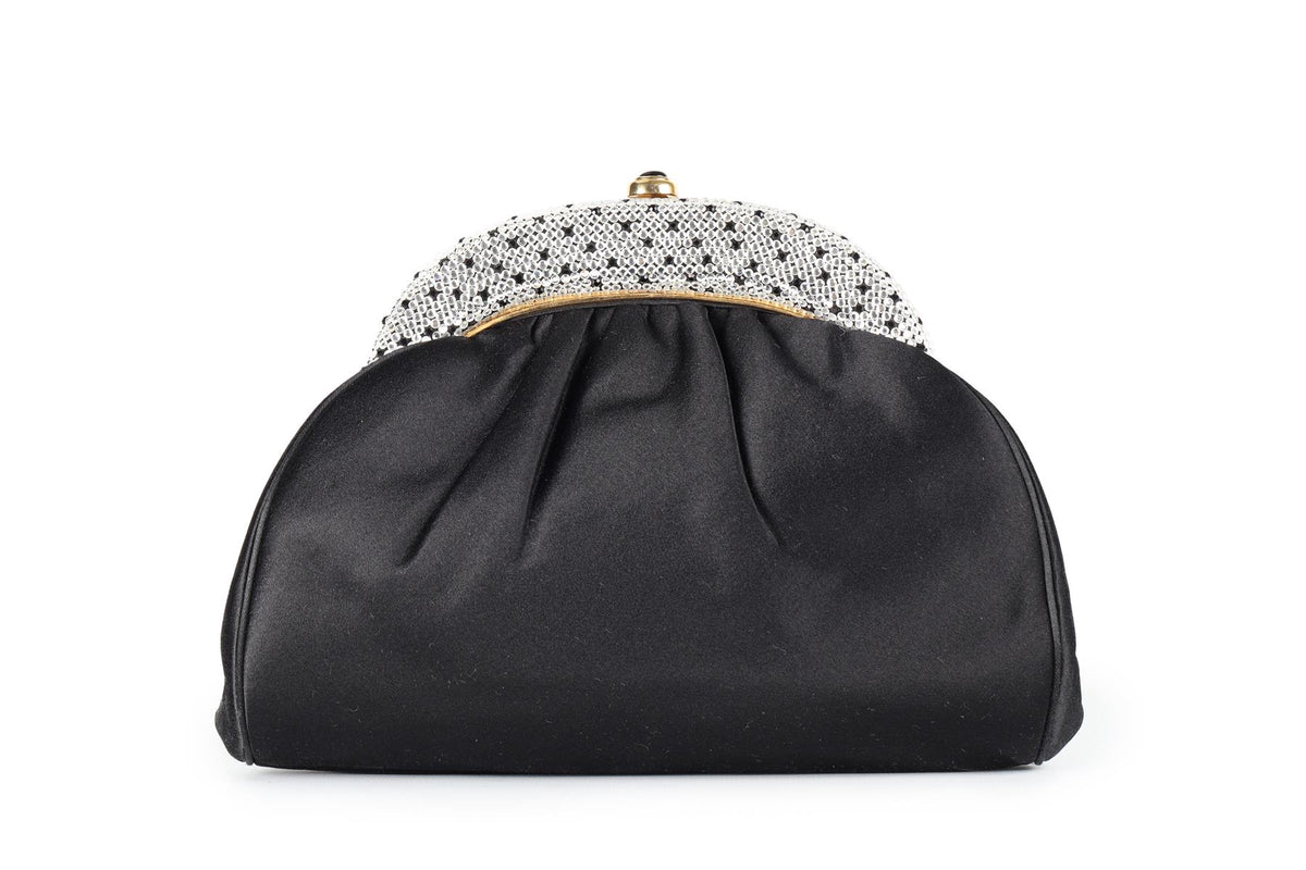 JUDITH LEIBER BLACK VINTAGE CRYSTAL AND SATIN CLUTCH