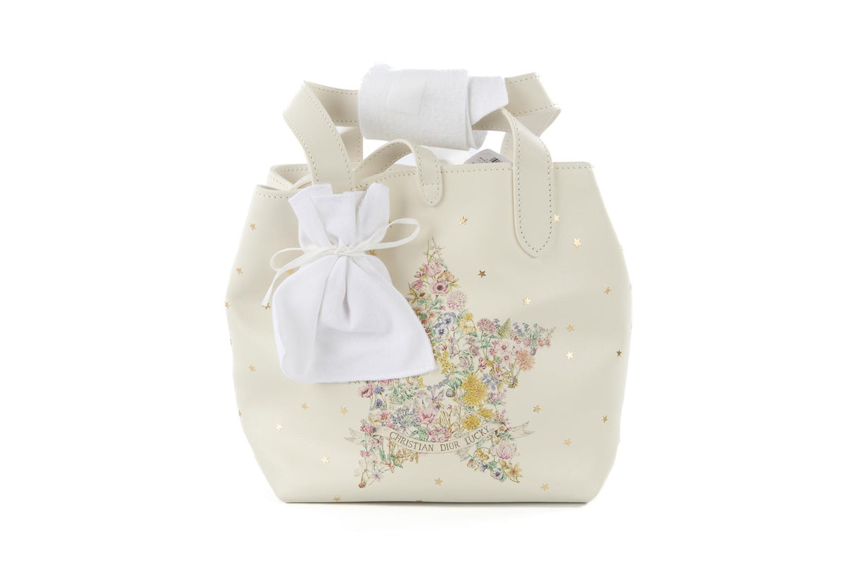 CHRISTIAN DIOR WHITE DIOR LUCKY SMALL TOUJOURS VERTICAL LEATHER TOTE BAG