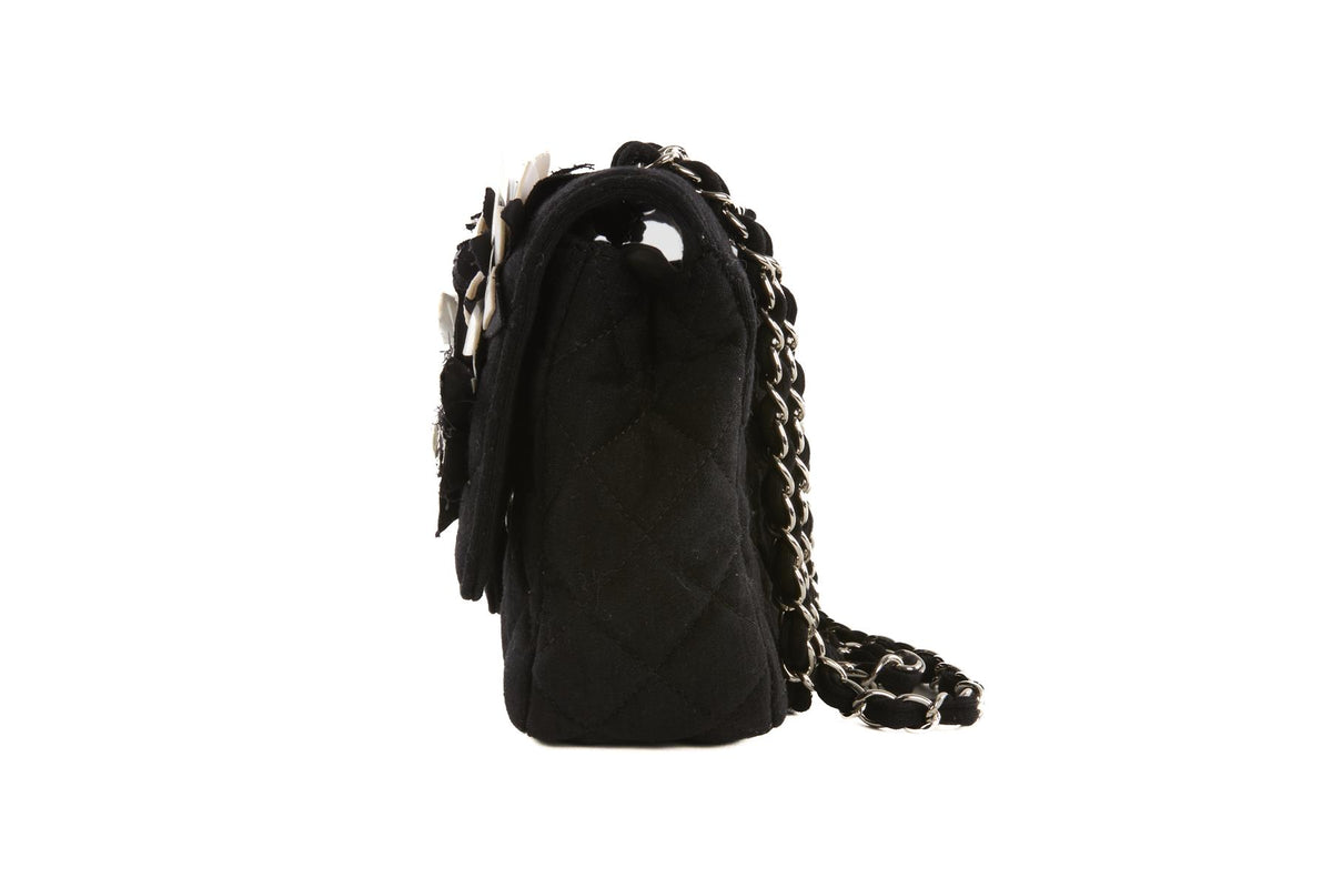 CHANEL BLACK FABRIC FLOWER EMBELLISHED MEDIUM SINGLE FLAP SHOULDER BAG