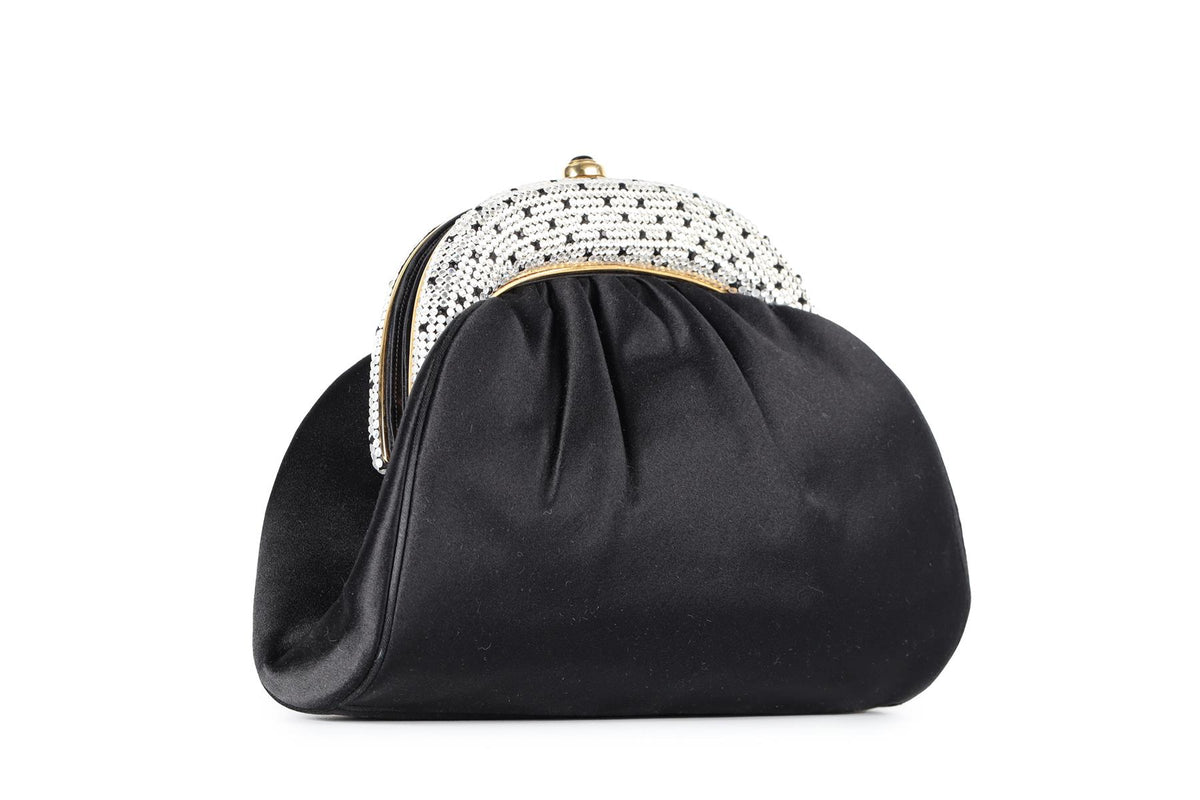 JUDITH LEIBER BLACK VINTAGE CRYSTAL AND SATIN CLUTCH