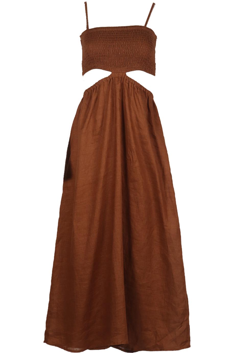FAITHFUL THE BRAND SHIRRED CUTOUT LINEN MIDI DRESS XSMALL