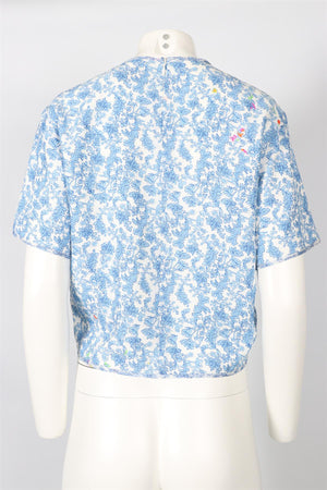 PREEN BY THORNTON BREGAZZI BLUE AND WHITE PRINTED SILK BLEND TOP SMALL