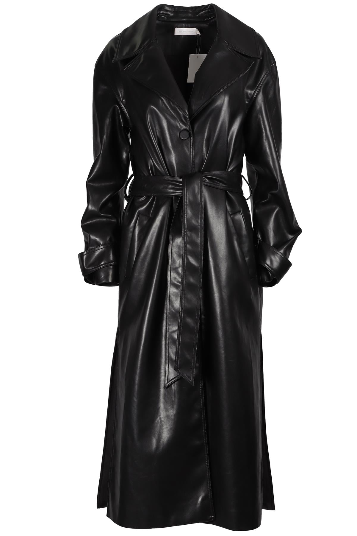 JONATHAN SIMKHAI BLACK FAUX LEATHER TRENCH COAT SMALL