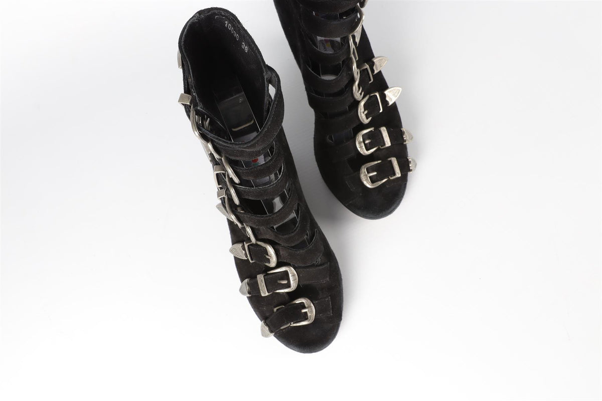 OPENING CEREMONY + CHLOE SEVIGNY BLACK SUEDE WEDGE SANDALS EU 38 UK 5 US 8