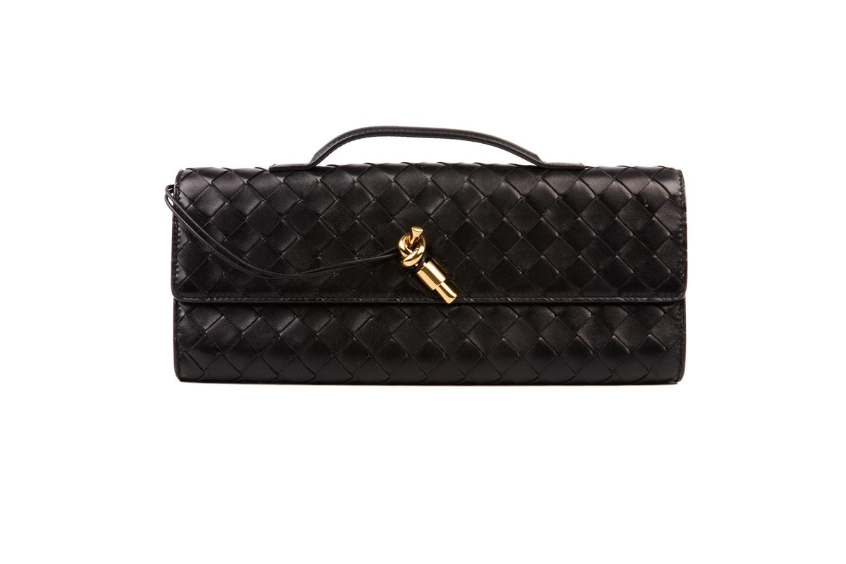 BOTTEGA VENETA BLACK ANDIAMO LONG INTRECCIATO LEATHER CLUTCH