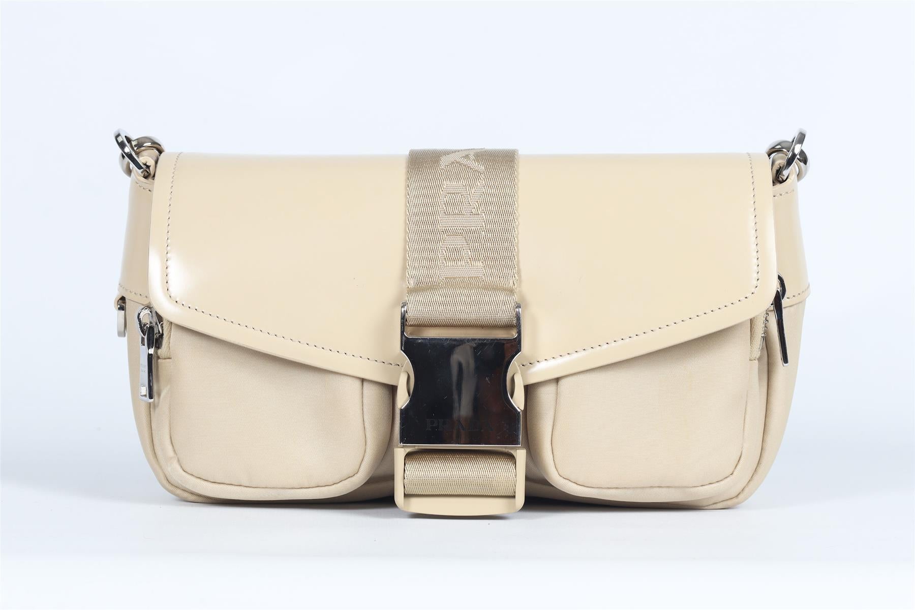 PRADA BEIGE POCKET LEATHER AND RE-NYLON SHOULDER BAG