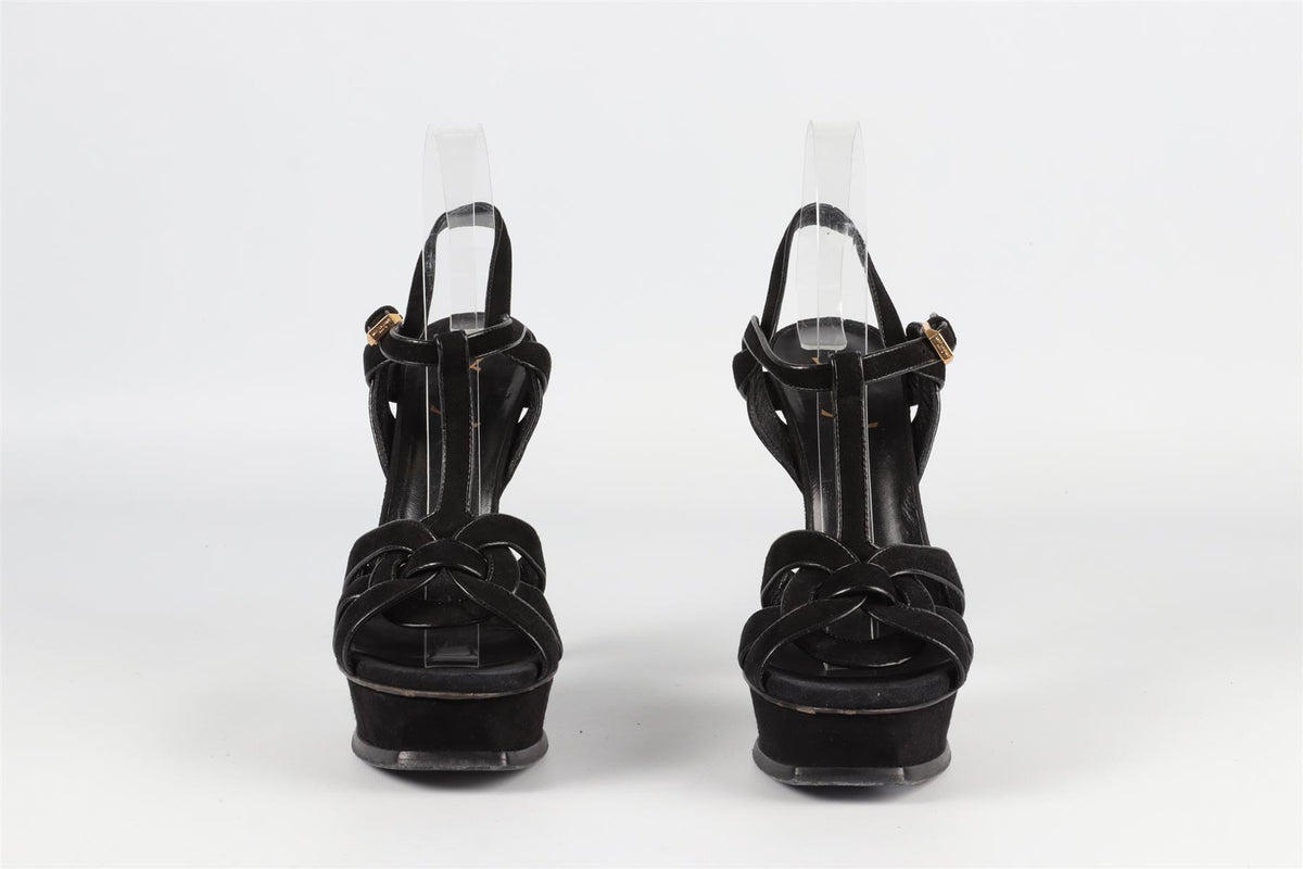 SAINT LAURENT BLACK TRIBUTE SUEDE PLATFORM SANDALS EU 38.5 UK 5.5 US 8.5