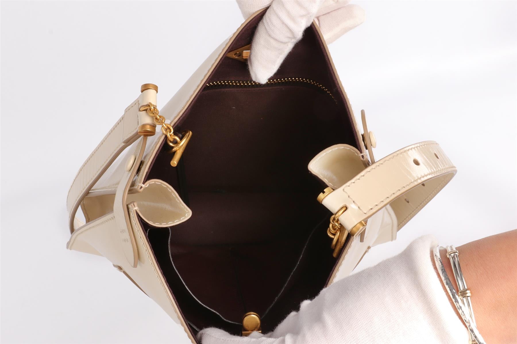 MÉTIER CREAM STOWAWAY PATENT LEATHER SHOULDER BAG