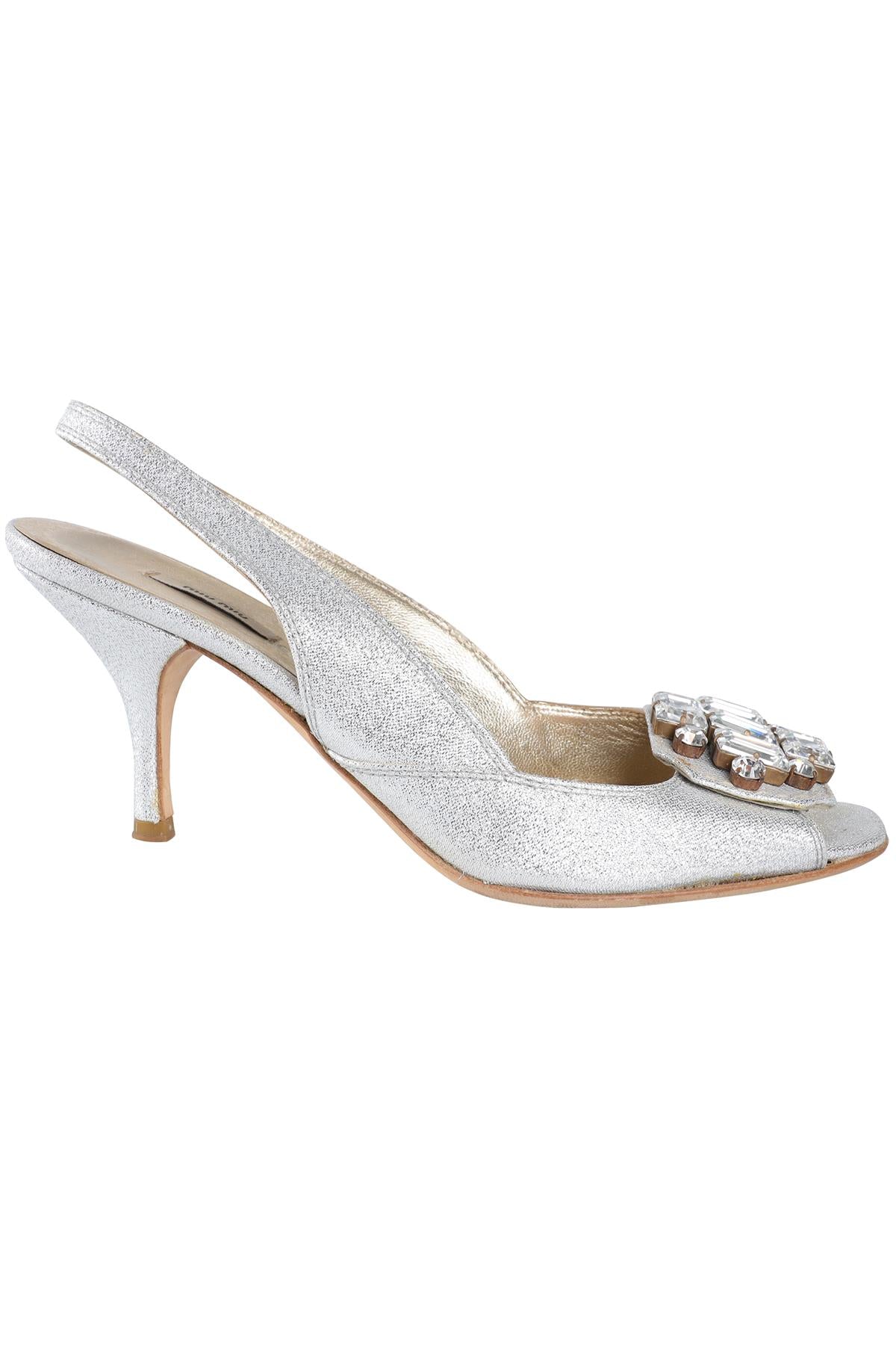 MIU MIU SILVER CRYSTAL AND LEATHER SLINGBACK SANDALS EU 36.5 UK 3.5 US 6.5