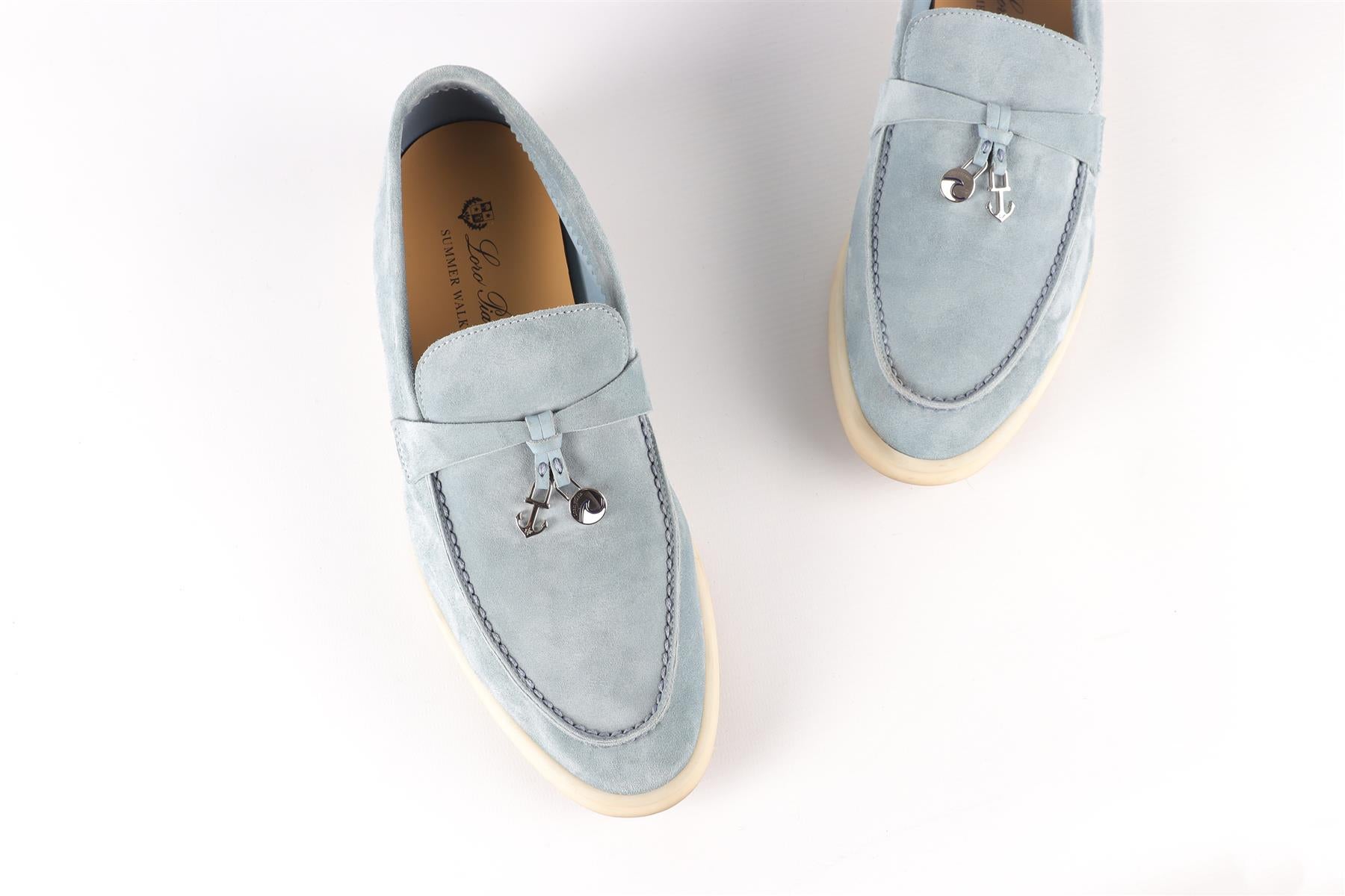 LORO PIANA BLUE SUMMER WALK CHARM SUEDE LOAFERS EU 39 UK 6 US 9