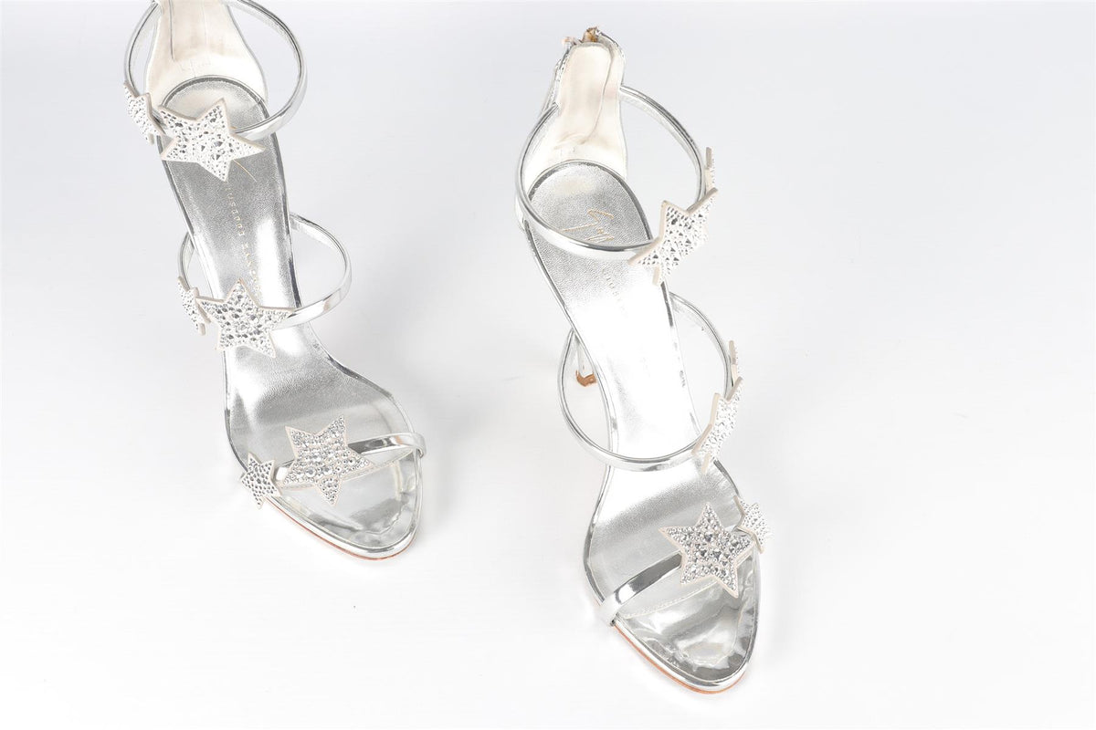 GIUSEPPE ZANOTTI SILVER CRYSTAL AND LEATHER SANDALS EU 39 UK 6 US 9