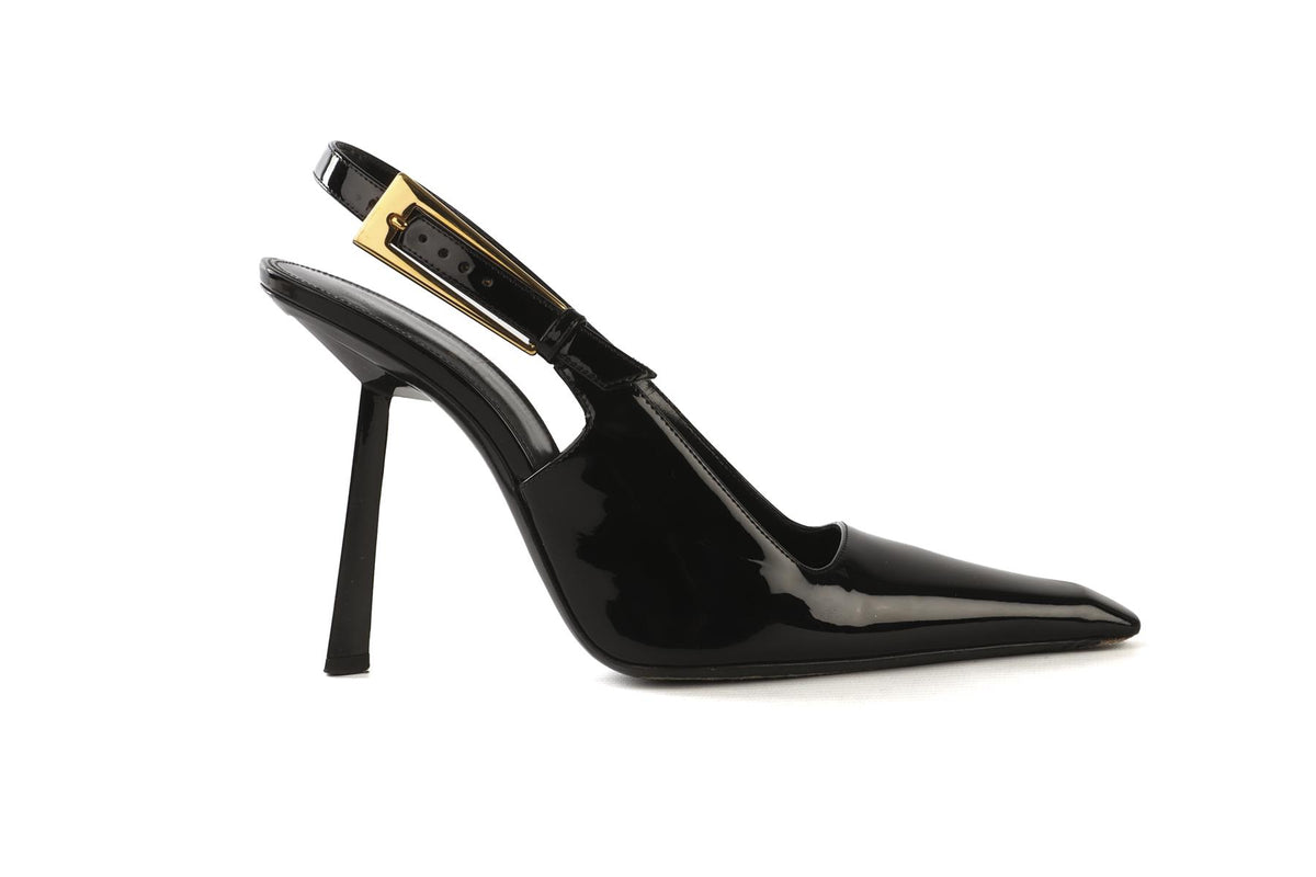 SAINT LAURENT BLACK LEE PATENT LEATHER SLINGBACK PUMPS EU 39.5 UK 6.5 US 9.5