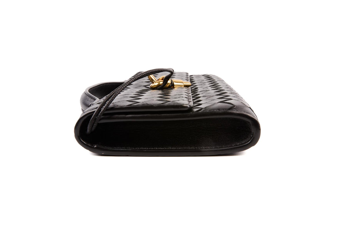 BOTTEGA VENETA BLACK ANDIAMO LONG INTRECCIATO LEATHER CLUTCH