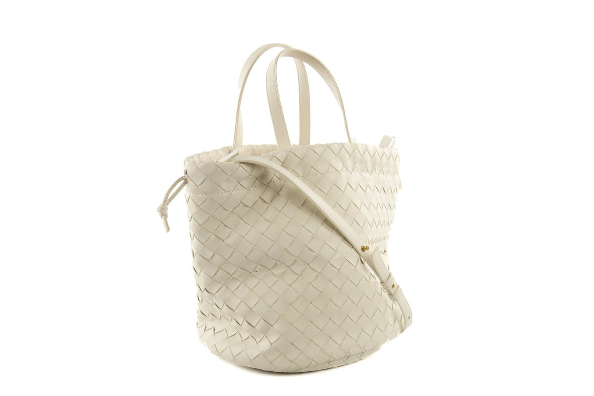BOTTEGA VENETA WHITE CASTELLO INTRECCIATO LEATHER BUCKET BAG