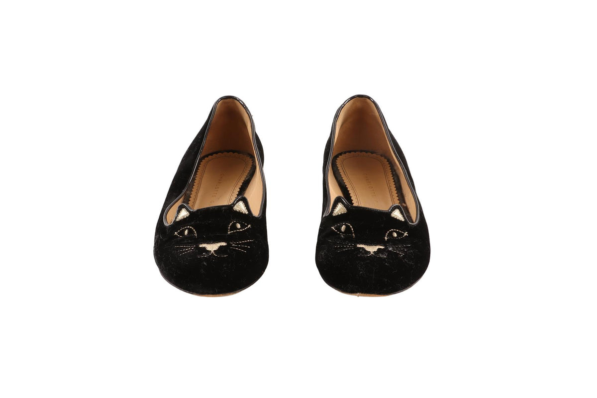 CHARLOTTE OLYMPIA BLACK VELVET BALLET FLATS EU 37.5 UK 4.5