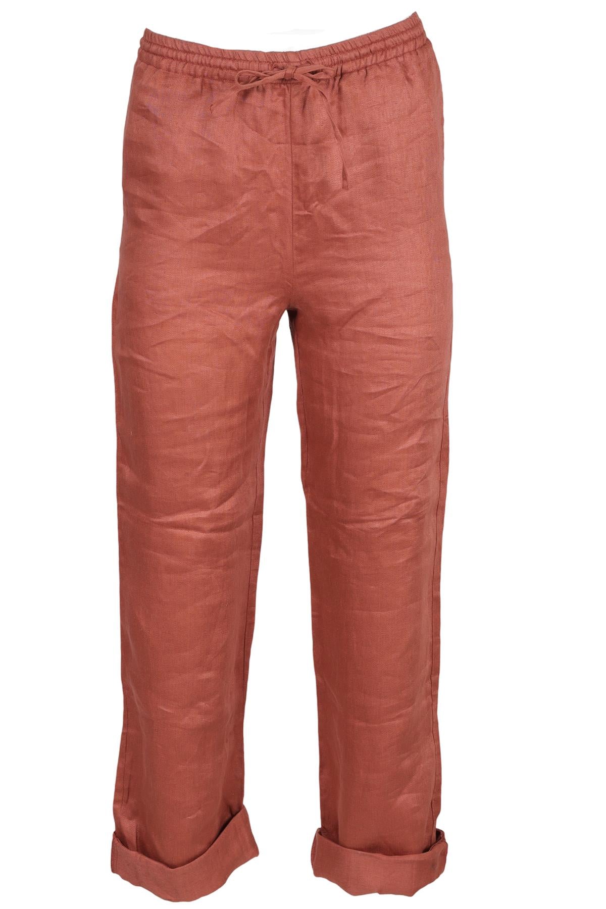ASCENO TERRACOTTA LINEN STRAIGHT LEG PANTS XSMALL