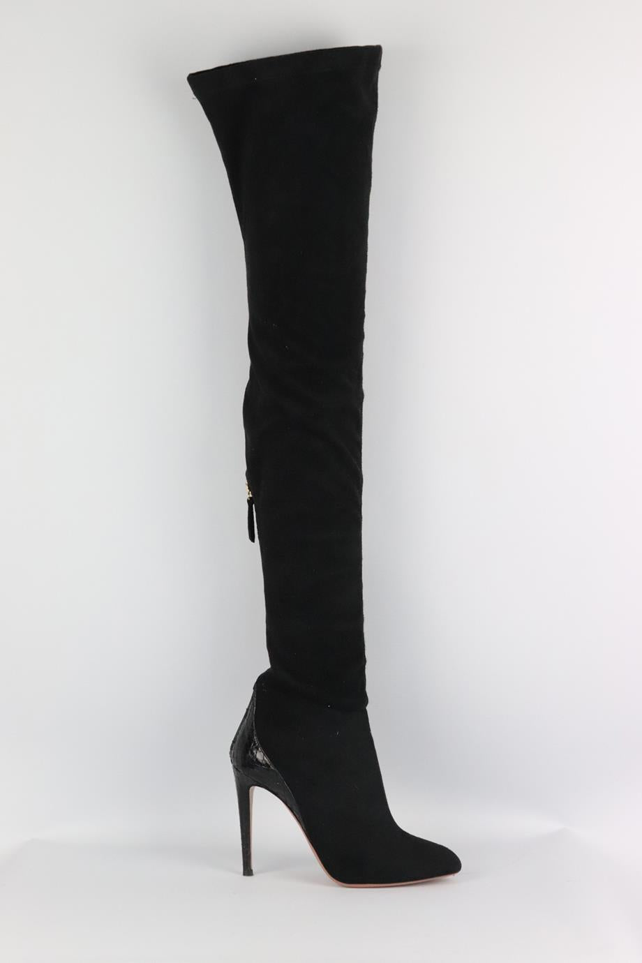 AQUAZZURA SNAKE EFFECT TRIMMED FAUX SUEDE OVER THE KNEE BOOTS EU 38 UK 5 US 8