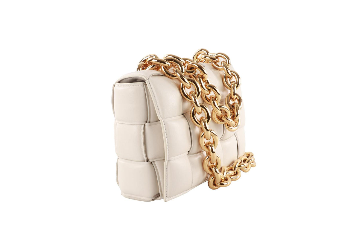 WHITE THE CHAIN CASSETTE INTRECCIATO LEATHER SHOULDER BAG
