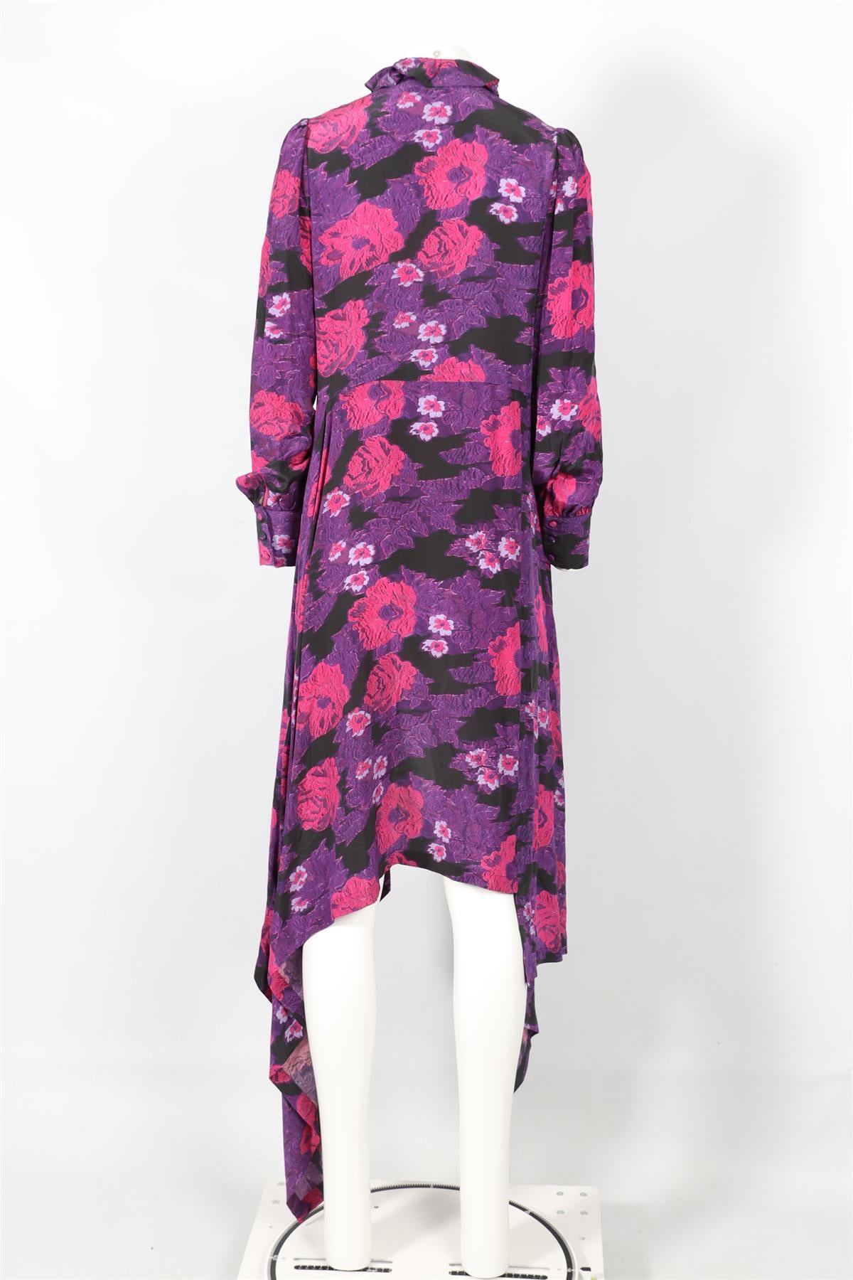 PREEN BY THORNTON BREGAZZI PURPLE, PINK AND BLACK FLORAL PRINT SILK MAXI DRESS MEDIUM