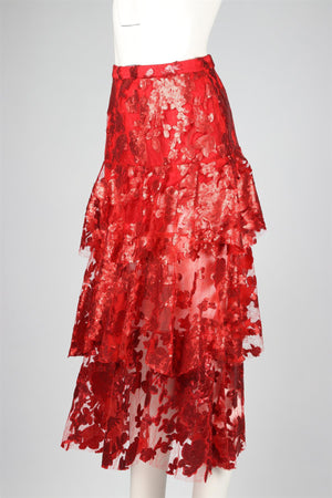 RODARTE RED SEQUIN AND LACE MIDI SKIRT US 6 UK 10