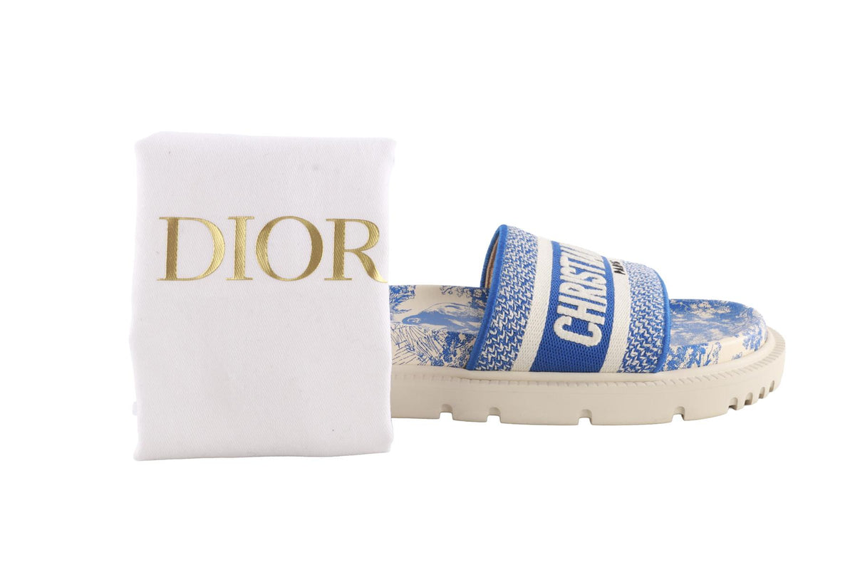 CHRISTIAN DIOR BLUE DWAY TOILE DE JOUY CANVAS SLIDES EU 39 UK 6 US 9